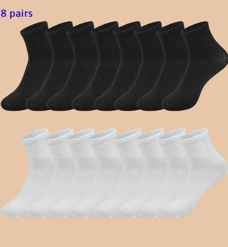 8 Pares de Meias Pretas de Algodão - Conforto, Estilo e Calor para Homens e Mulheres no Outono/Inverno.